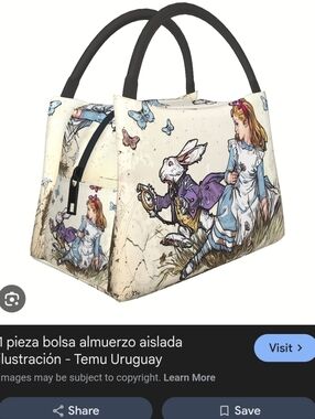 Alice in Wonderland Print Cream Thermal Tote Bag with Black Handles